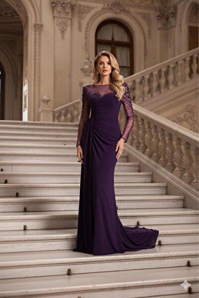 Kenzel Üst Transparan Tül Pul Boncuk İşlemeli Abiye Elbise