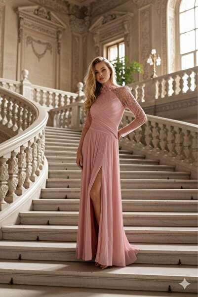 Kenzel Flower Detailed Collar Sleeve Embroidered Tulle Wrap Evening Dress