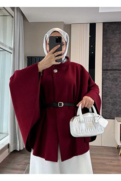 lobivia Burgundy Oversized Mock Neck Poncho Hijab / Tunic Comfortable and Soft Fleece Fabric Stylish Combination Length:75Cm