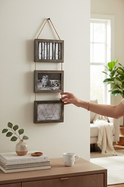 CaactuStore Dekoratif Asmalı Ahşap Çerçeve 3 Lü