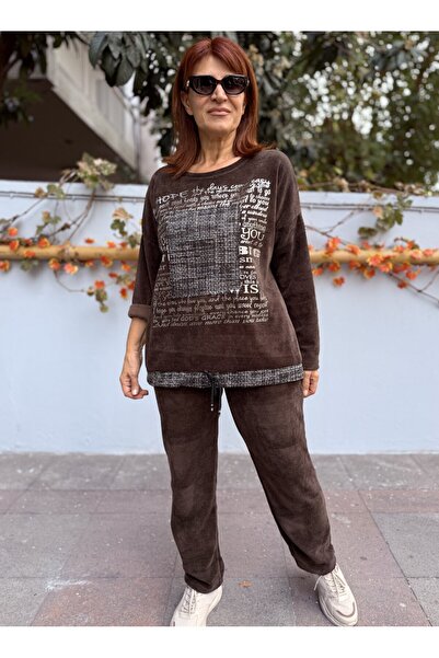 DenizEge Γυναικείο ιταλικό βελούδινο κοστούμι καφέ