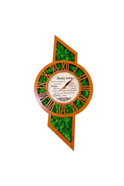 OEM Wall clock decorated with stabilized moss, gift for wife, 60x30 cm, cherry