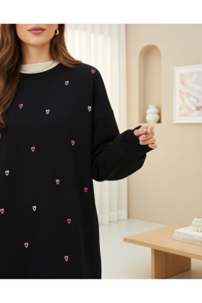 MissRunin Round Neck Heart Patterned Combed Cotton Tunic