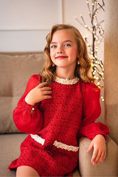 kiddos.ro Girls' red tweed dress with organza puff sleeves, Vanessa