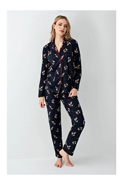 ROZELT Women's Navy Blue Deer Patterned 100% Cotton Pajama Set