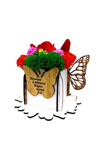 OEM Decorative Gift Box with Stabilized Moss and Roses, Butterfly, 7x7cm, White