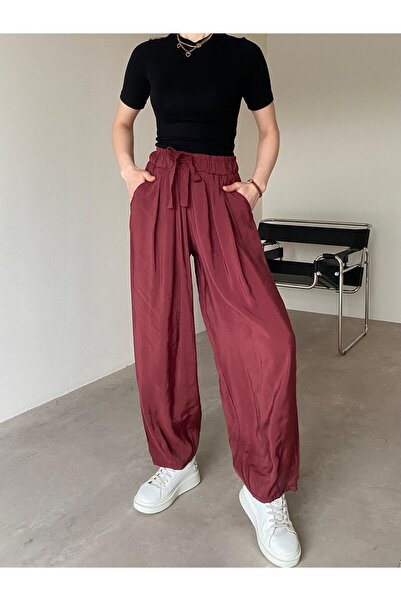 Bade Butik Bordo Beli Lastikli Şalvar Pantolon