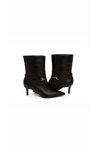 cevaplus Black Women's Leather Pointed Toe Thin Heeled Buckle Detailed Boots