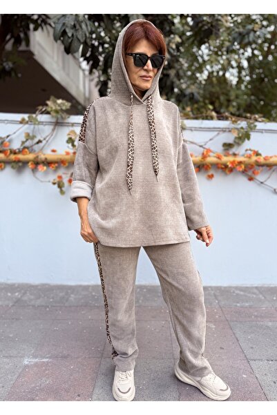 DenizEge Italian K Hooded Leopard Velvet Suit Mink