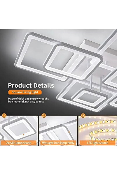 OEM ELLA 203W LED Chandelier with Remote, 8 Squares, Cold/Neutral/Warm, Dimmable, White