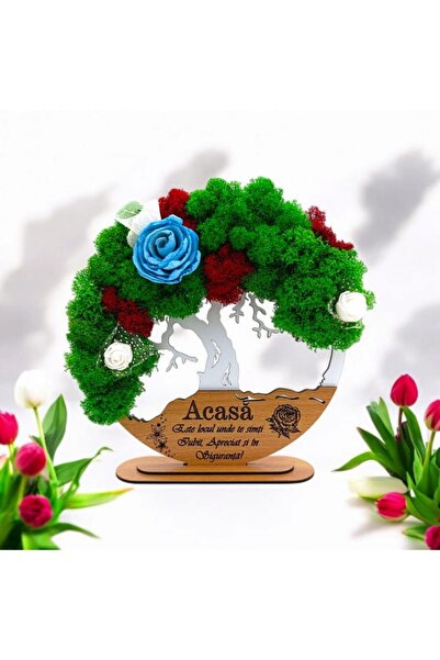 OEM Tablou înrămat Copacul Vieții cu mușchi stabilizat, personalizat „Acasă este locul unde...”, 25 cm, alb