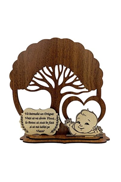 OEM Copacul vieții din lemn, blank cu mesaj pentru nași, finuta - nuc, 20 cm