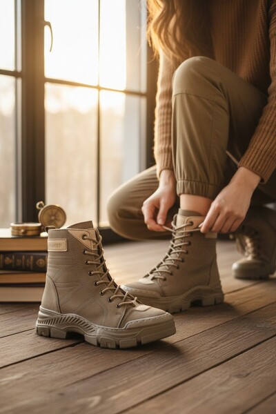 VeliKundura Voyager 9375 Dark Beige Genuine Nubuck Leather Zippered Lace-Up Women's Boots