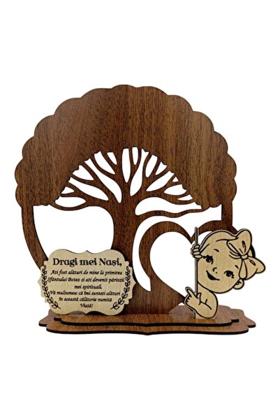 OEM Brad cu siluete și mesaj pentru nași „Dragii mei nași...” (20 cm, nuc)