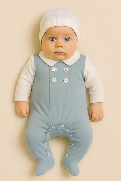 RAPAPA Baby Boy Cotton Long Sleeve Buttoned Romper – Blue White 128669