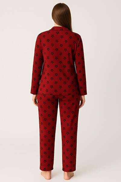 Pemilo Women's 0287 Buttoned Front Suede Long Sleeve Pajama Set Red