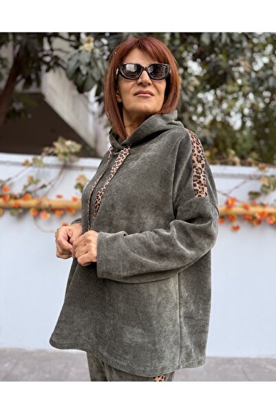 DenizEge Italian K Hooded Leopard Velvet Suit Khaki