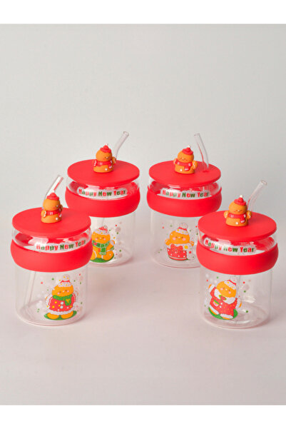 Tohana New Year Glass Mug with Straw Cookie Man