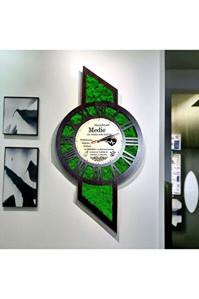 OEM Wall clock decorated with stabilized lichens, gift for doctor, 60x30 cm, wenge