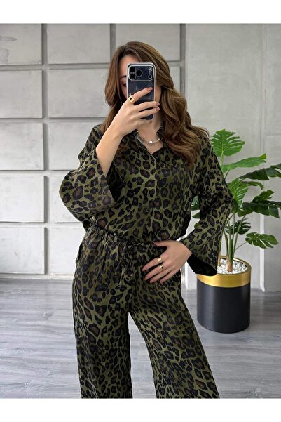 Coral Leopar Desenli Gömlek Pantolon Takım 7184 Haki