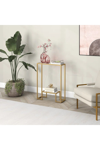 genric OneDcor Modern Console Table – Pre-Assembled Tempered Glass Shelves & Gold Metal Frame (Gold)