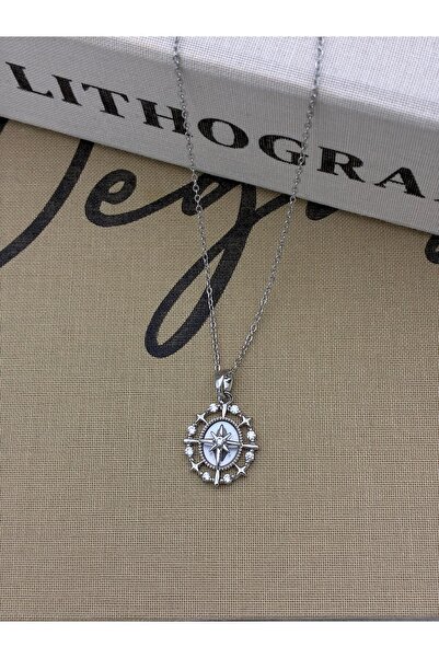 Hedef Bijuteri Steel Silver Color Zircon Stone Pole Star Model Necklace