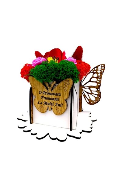 OEM Decorative Gift Box with Stabilized Moss & Roses, Butterfly Message, 7x7cm, White