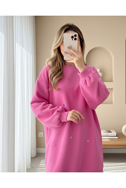 MissRunin Round Neck Heart Patterned Combed Cotton Tunic