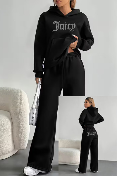 Bozz&Bozz Collection Women's Juicy Crystal Stone Printed Baggy Tracksuit Oversized Sweatshirt Hoodie Tracksuit Two-Piece Set