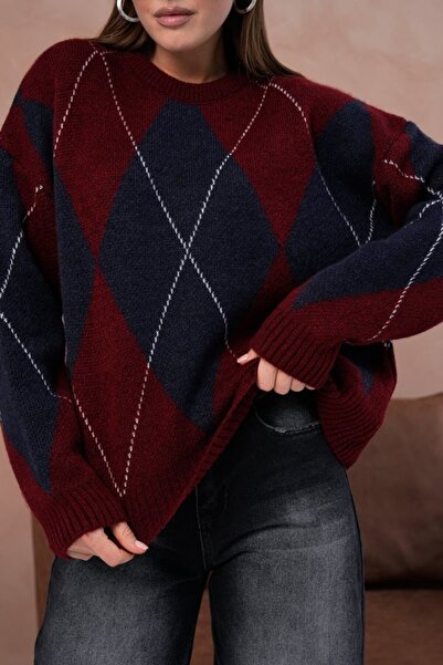 Noi Belis Oversized Large Argyle Pattern Knitwear Sweater Aw25Kz0093