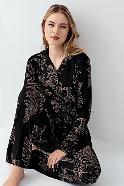 ROZELT Women's Black Modal Shirt Collar Comfortable Pajama Set