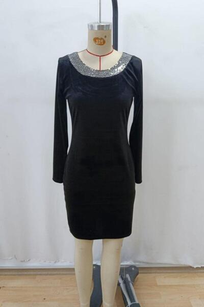 Mossta Round Neck Back Detailed Mini Velvet Dress - Black