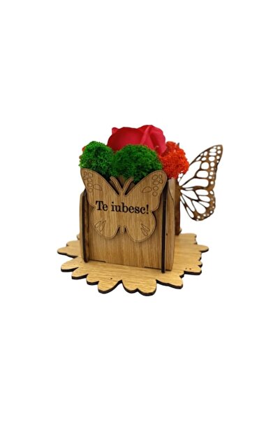 OEM Decorative personalized gift box with stabilized red moss and roses, butterfly - 7x7cm, brown