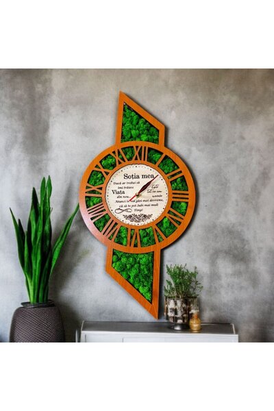 OEM Wall clock decorated with stabilized moss, gift for wife, 60x30 cm, cherry