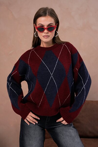 Noi Belis Oversized Large Argyle Pattern Knitwear Sweater Aw25Kz0093