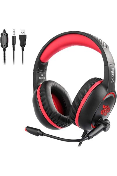 Datazone LED Gaming Headset 3.5mm Wired, Microphone Mute Switch, Red (Model DZ-K13)