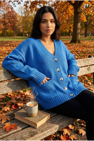 FEMELLE Blue Double Pocket Buttoned Off Shoulder Standard Size Oversized Knitwear Cardigan