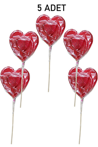 Büyük Boy Kalpli Sosyete Şeker 5 Adet 30 gr Lolipop Kırmızı Çubuklu Çocuk Doğum Günü