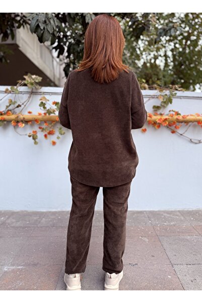 DenizEge Γυναικείο ιταλικό βελούδινο κοστούμι καφέ