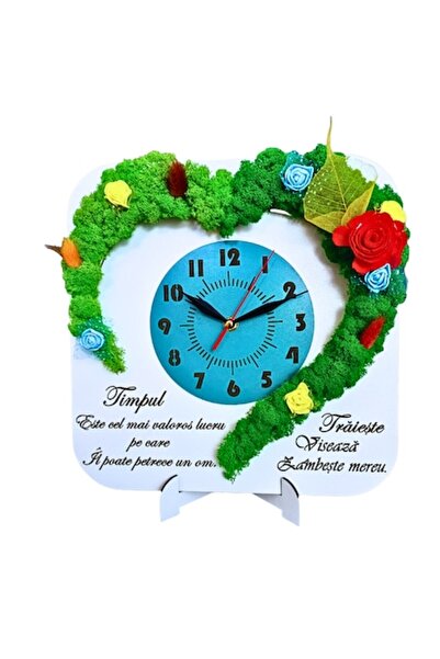 OEM Desk clock decorated with stabilized lichens, personalized with standard message, 30 cm, white