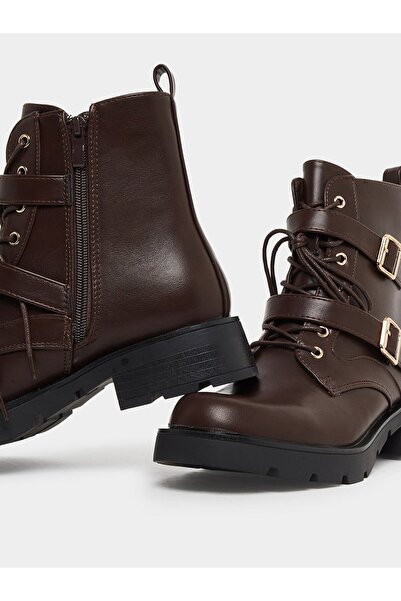 Styli Brown Buckle Ankle Boots