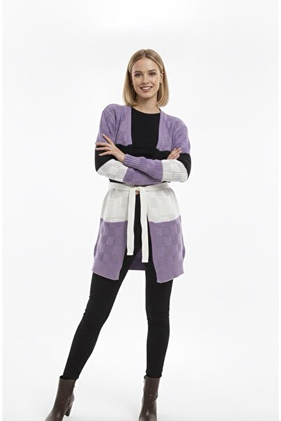 rushana Women's Colorful Pocket Belted Slim Fit Knitwear Cardigan