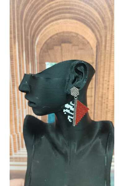 Sedaccessories KÜPE , Üçgen Formda Bordo ve Zebra Desen Miyuki Boncuk küpe