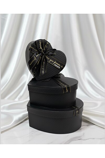 abnturk Kabartmalı Mat Siyah Deri Görünümlü Kalpli 3'lü Hediye Kutusu Seti 22...