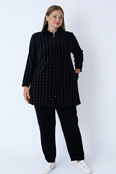İntensive Women's Plus Size Navy Blue Stripe Patterned Zippered Pocket Cotton Velvet Top and Bottom Set