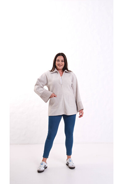 Sevda Etek Manşet ve Yaka Triko Detaylı Kaşe Hırka