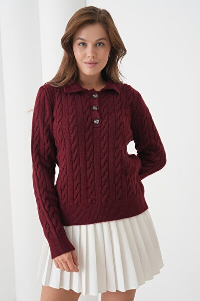 Noi Belis Hair Braid Detail Half Placket Button Polo Neck Knitwear Sweater Aw25Kz0097