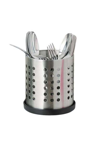 ORDNING Cutlery Holder & Tray Set – 13.5cm Stainless Steel Stand + Water-Collecting Base
