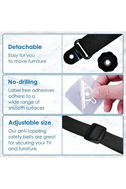 Generic Swanwork Adjustable TV Safety Straps, Adhesive Anti-Tip Furniture Anchors, 2 pcs, Black