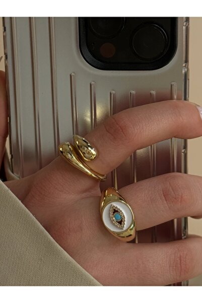 STAİNLES خاتم ذهبي مرصع بحجر العين الزرقاء مع تفاصيل مينا قابلة للتعديل